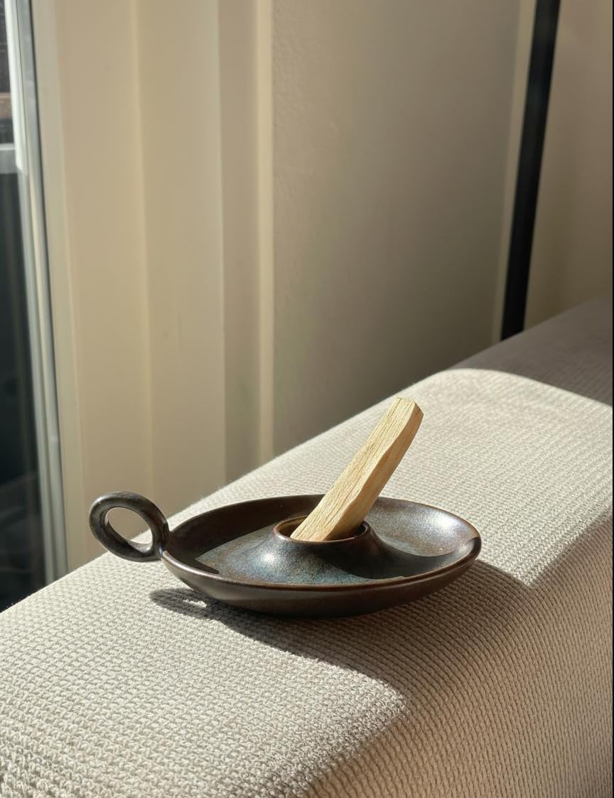 Klin-Transformation Glaze Green Incense Holder，Handcrafted Ceramic with Unique Flowing Colors & Handle for Sage, Palo Santo, Good for Meditation & Yoga Gift