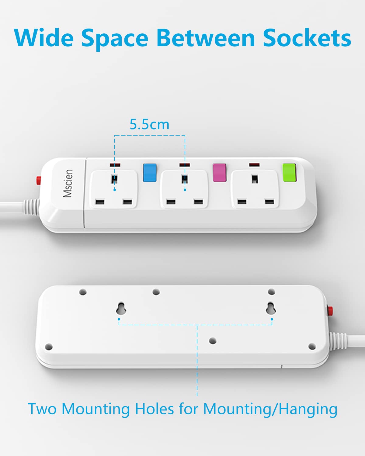 Mscien Extension Lead with Switches, 3 Way Plug Sockets with Overload Protection Surge Protection 1.8M Extension Cable Wall Mountable Power Strip