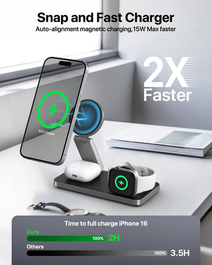 Keepro 3 in 1 Wireless Charging Station for iPhone Magnetic Portable, Fast Wireless Charger Stand for iPhone Air/17/16/15/14/13/12, AirPods Pro 3 2 Apple Watch (Adapter Included)-Black