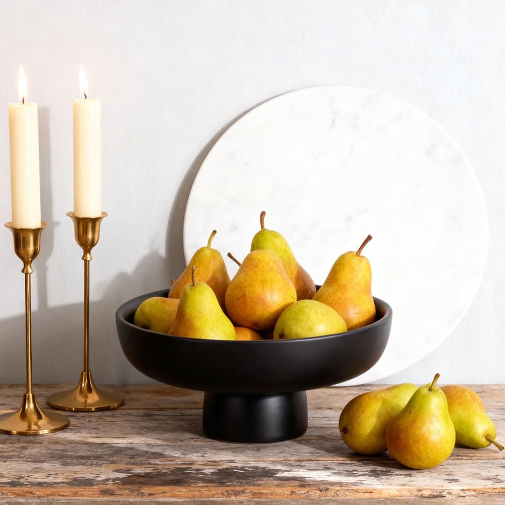 QIANLING Black Pedestal Bowl for Home Decor - Matte Black Resin Decorative Fruit Bowl for Kitchen Counter, Coffee Table or Entryway, Modern Centerpiece Bowl for Keys, Candy (Black)