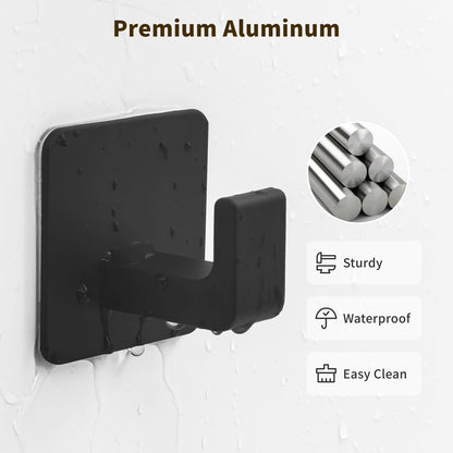 GWAAZXGZ Square Self Adhesive Towel Hooks - 4 Pack Matte Black Metal Hooks, Right-Angle Design for Towels, Robes & Hats, Organize Bathroom, Kitchen, Entryway, Doors, Cabinets on Smooth Surfaces