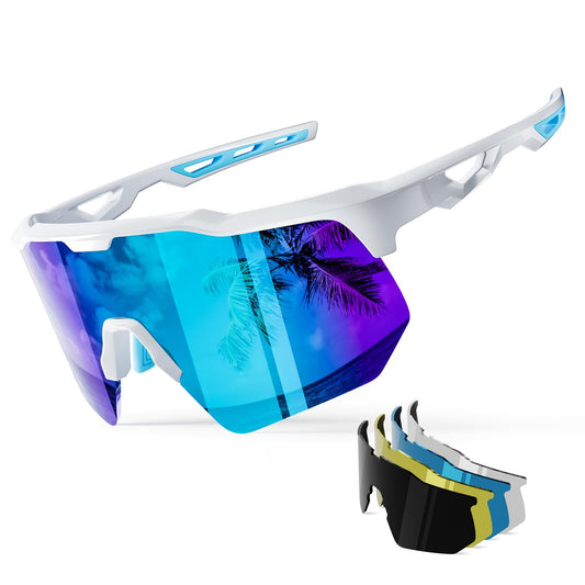HAAYOT Polarized Cycling Glasses,Sports Sunglasses for Men Women,Baseball Biking Running Sunglasses 5 Lenses White Blue