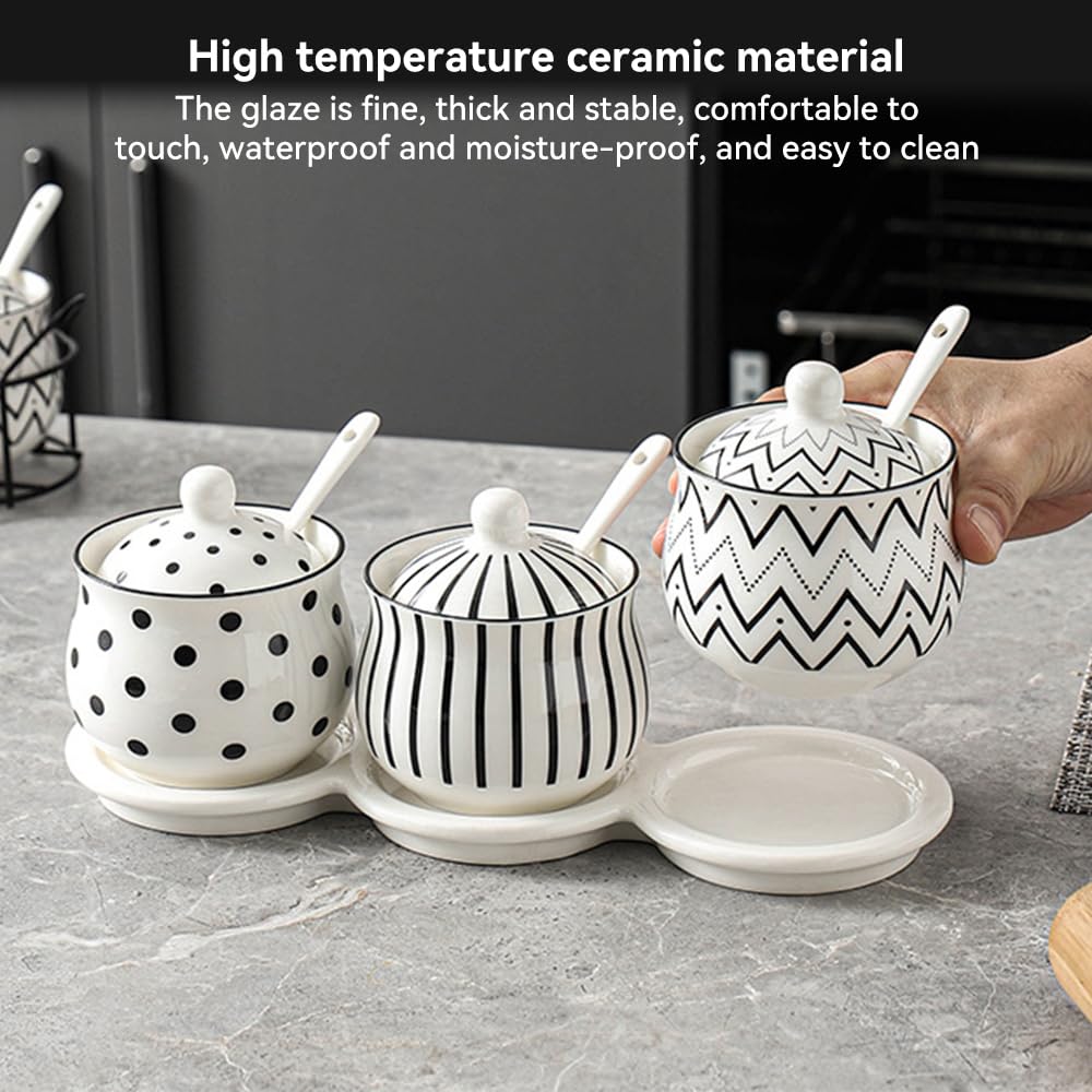 Ceramic Spice Jars Porcelain Condiment Jars Set with Spoon and Lid Condiment Pots for Salt, Sugar, Pepper Seasonings Set of 3 (White Ceramic Tray)