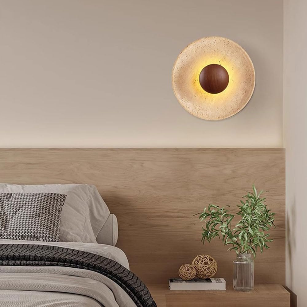 WFZRXFC Wall Sconce American Retro Minimalism Wall Light Round Yellow Travertine Interior Wall Lamp 7W LED Warm Light 3000K travertine sconce Wooden Decoration Living Room Wall Lighting