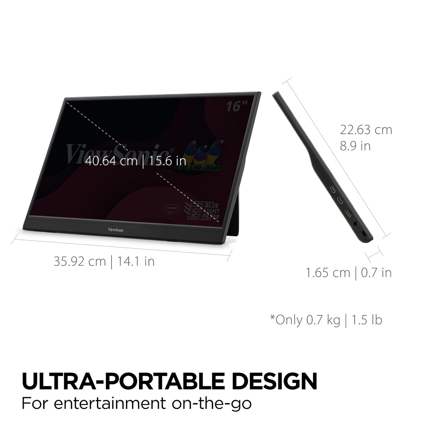 ViewSonic VA1653 16 Inch 1080p FHD IPS Portable Monitor with Eye Care, Built-in Stand, USB C, Mini HDMI, and Protective Case External Second Screen for Laptops, PC, Mac, and Gaming Consoles