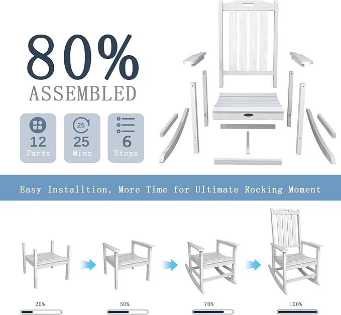 Oversized Rocking Chair Set of 2, Outdoor Rocking Chair for Adults, All Weather Resistant Porch Rocker for Lawn Garden, White