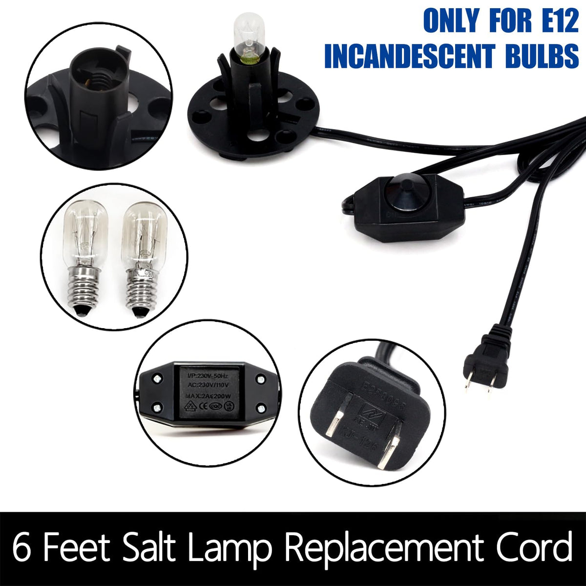 Betus [Original Replacement Upgraded Salt Lamp Power Cord with Dimmer Control Switch & Base Assembly for Himalayan Salt Lamps Power Cord - 6 Feet Long with Two Free 15W Bulbs
