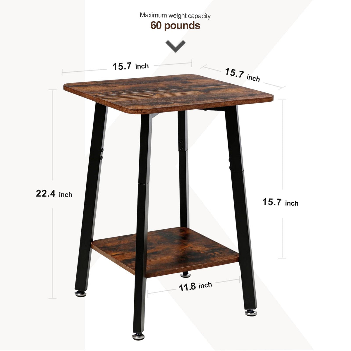 King Oasis Small Side Table for Small Spaces, 2-Tier End Table with Storage Shelf, 15.7-Inch Square Wood and Metal Nightstand for Living Room or Bedroom, Rustic Brown