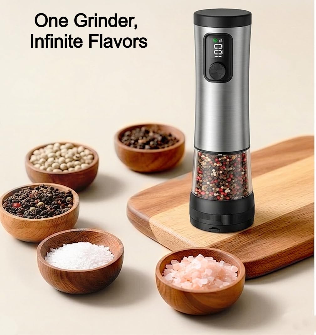 Electric Salt and Pepper Grinder Set, Automatic Rechargeable Salt and Pepper Grinder Set with 5 Adjustable Coarseness, Charging Base, LED Light Electric Salt and Pepper Shakers Set 100mL base (2-Pack)