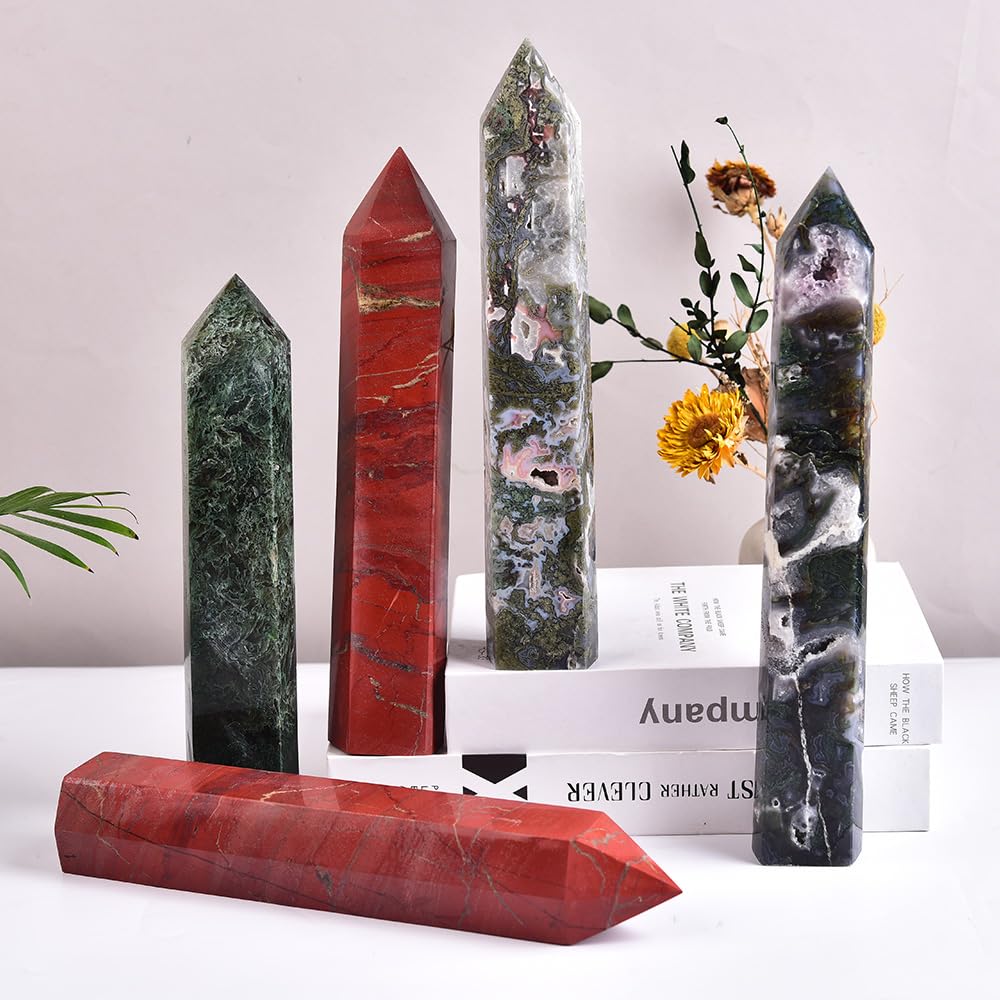 MOGEMT Moss Agate Crystal Tower 10-12 inch Large Healing Crystal Point Obelisk Reiki Energy Meditation Decoration Gift