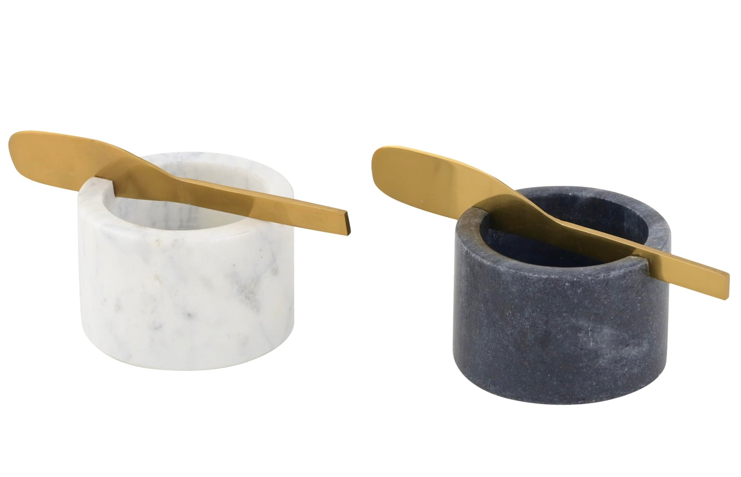 Cruiser’s Caché | Butter and Jam Serving Crocks with Gold Knifes | One each White and Gray Marble | For Serving Butter, Jams, Condiments, and Spreads