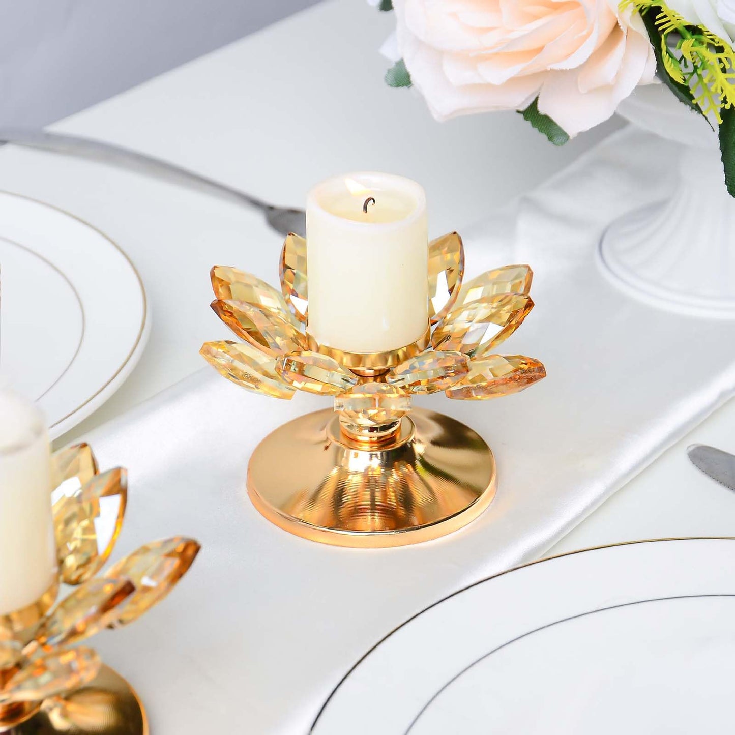 2 PCS Gold Crystal Flower Tea Light Holder, Glass Tealight Candlestick with Metal Base, Votive Candle for Table Centerpiece, Wedding/Parties Decor, Nice Gift