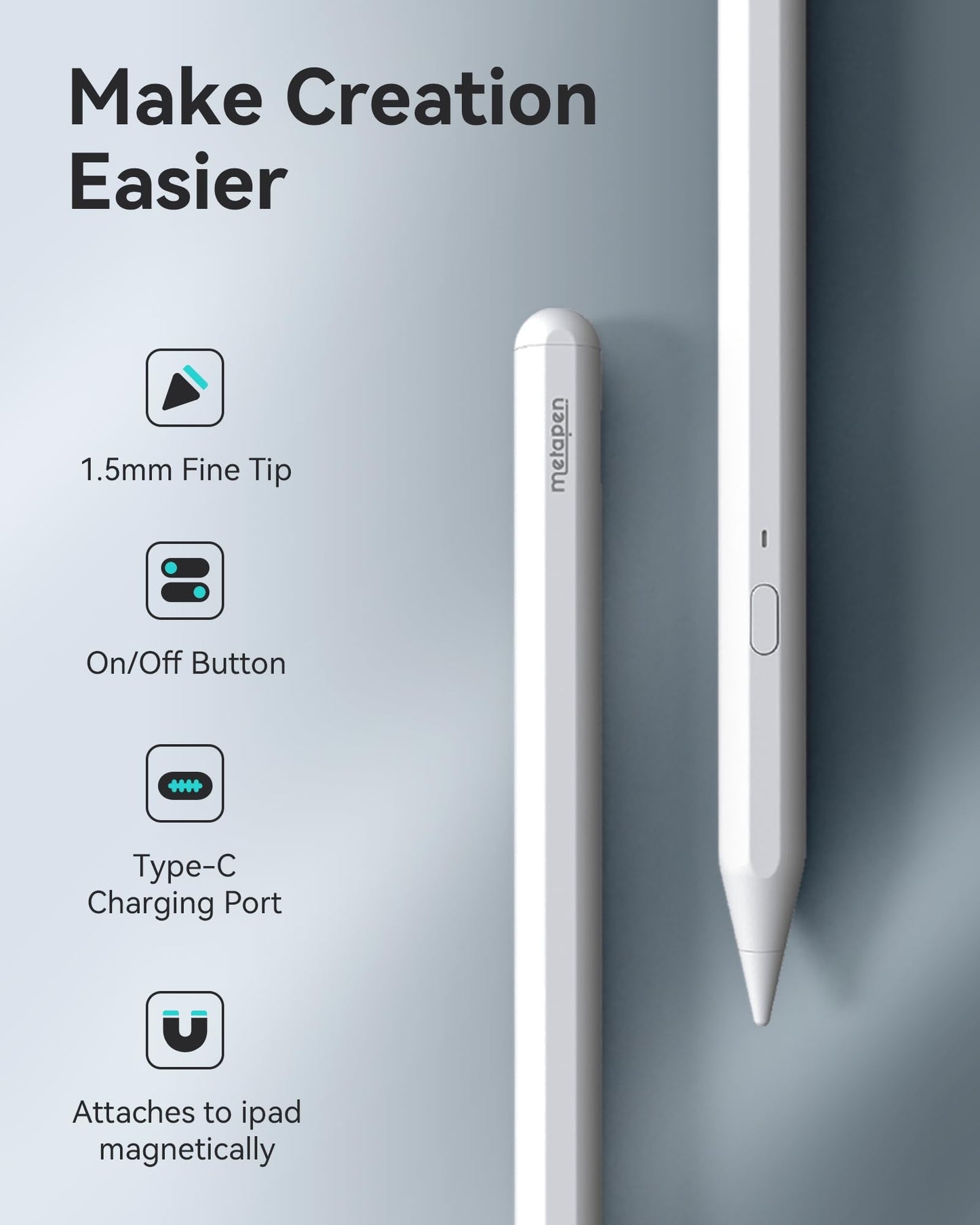 Metapen Pencil A11 for iPad 2018-2025, (Quick Button), 0.1mm Pixel Precise, 2X Faster Charge Stylus Pen Compatible Apple iPad 11 A16/10/9/8/7/6th Gen, Pro 12.9/11/13-inch M4, Air 3/4/5/M2/M3, Mini 5/6