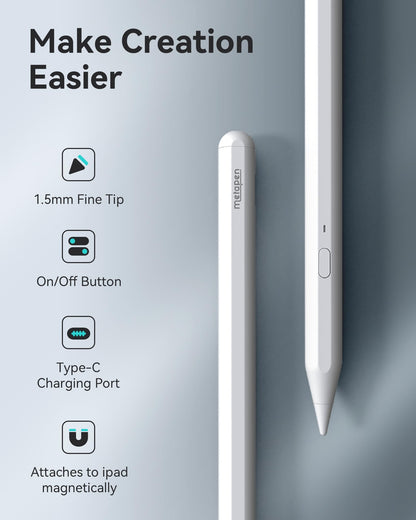 Metapen Pencil A11 for iPad 2018-2025, (Quick Button), 0.1mm Pixel Precise, 2X Faster Charge Stylus Pen Compatible Apple iPad 11 A16/10/9/8/7/6th Gen, Pro 12.9/11/13-inch M4, Air 3/4/5/M2/M3, Mini 5/6