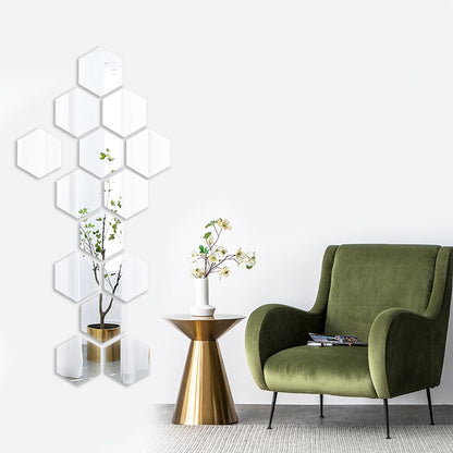 MCLEULLA 12 Pcs Acrylic Mirror Wall Stickers Hexagon Plastic Wall Stickers for Home Decor Living Room Bedroom Over Sofa or TV Gold (silver)