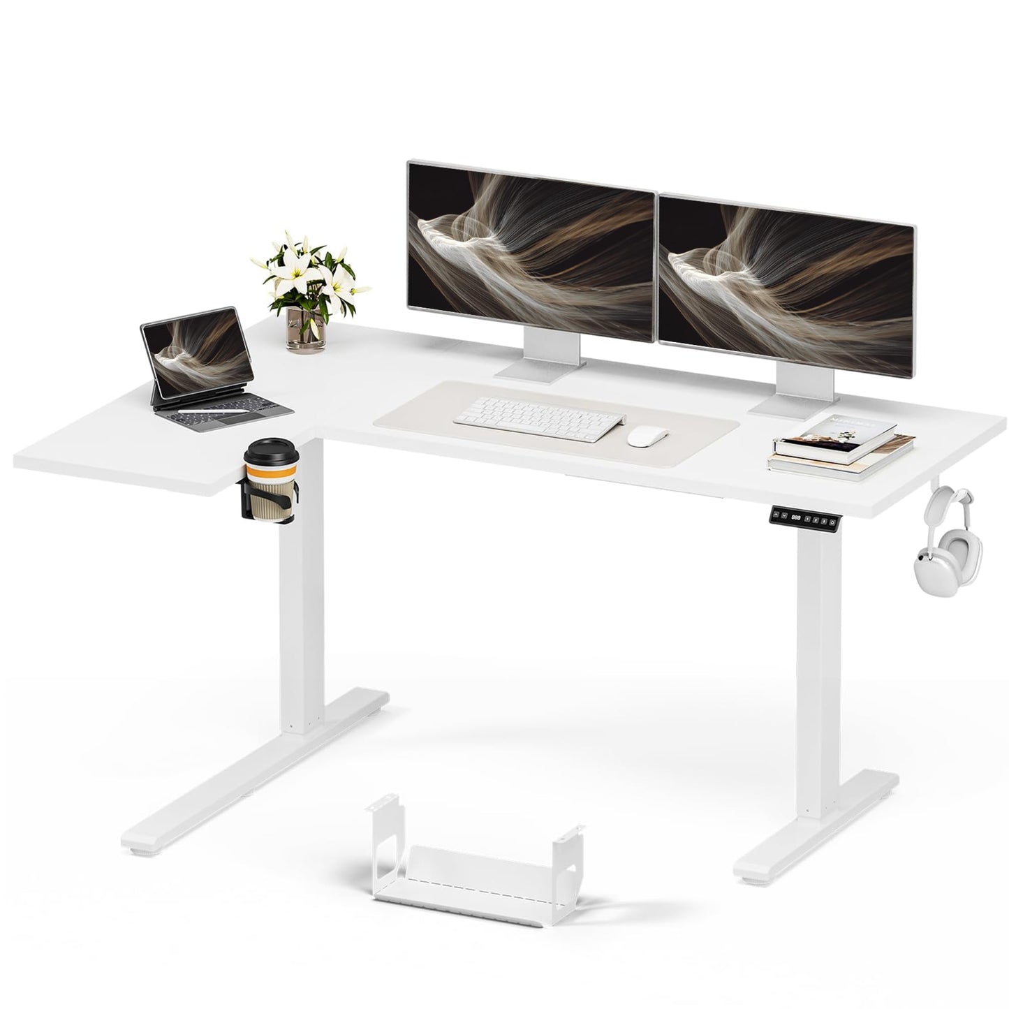 Muvai 71 Inch L Shaped Standing Desk Adjustable Height with Cable Management Tray,Gaming Electric Corner Standing Desk, Sit Stand Computer Table with Reversiable Splice Board, White