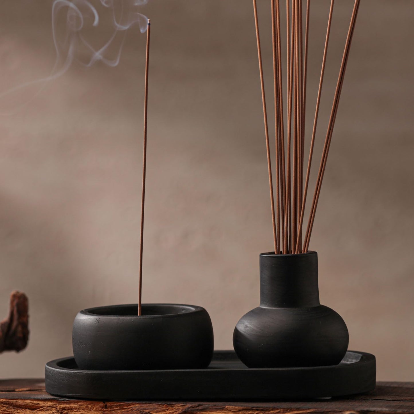 Concrete Incense Burner Set with Holder and Tray,Multifunction Incense Holder for Burning Sage,Palo Santo,Incense Sticks,Ideal for Meditation Home Decor(Black)