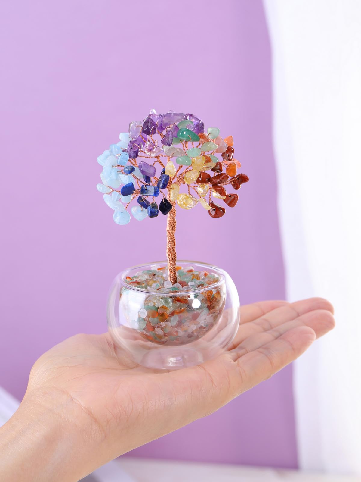 Jovivi 7 Chakra Crystal Trees Hollow Glass Base,4.72"-5.12" Natural Gemstone Healing Crystals Tree of Life Bonsai Money Tree for Home Office Table Decor Wealth and Luck