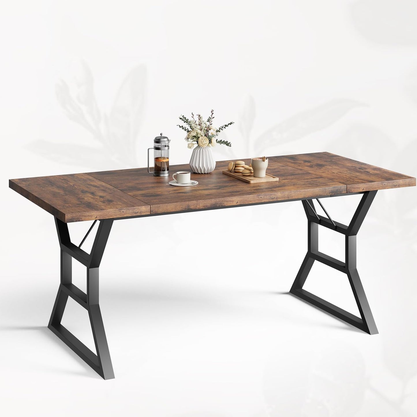 Industrial 71'' Farmhouse Dining Table for 6-8 People - Rustic Distressed Wood Kitchen Table with Black Metal Geometric Base Legs, Large Rectangular Conference Desk for Living Room, Home Office