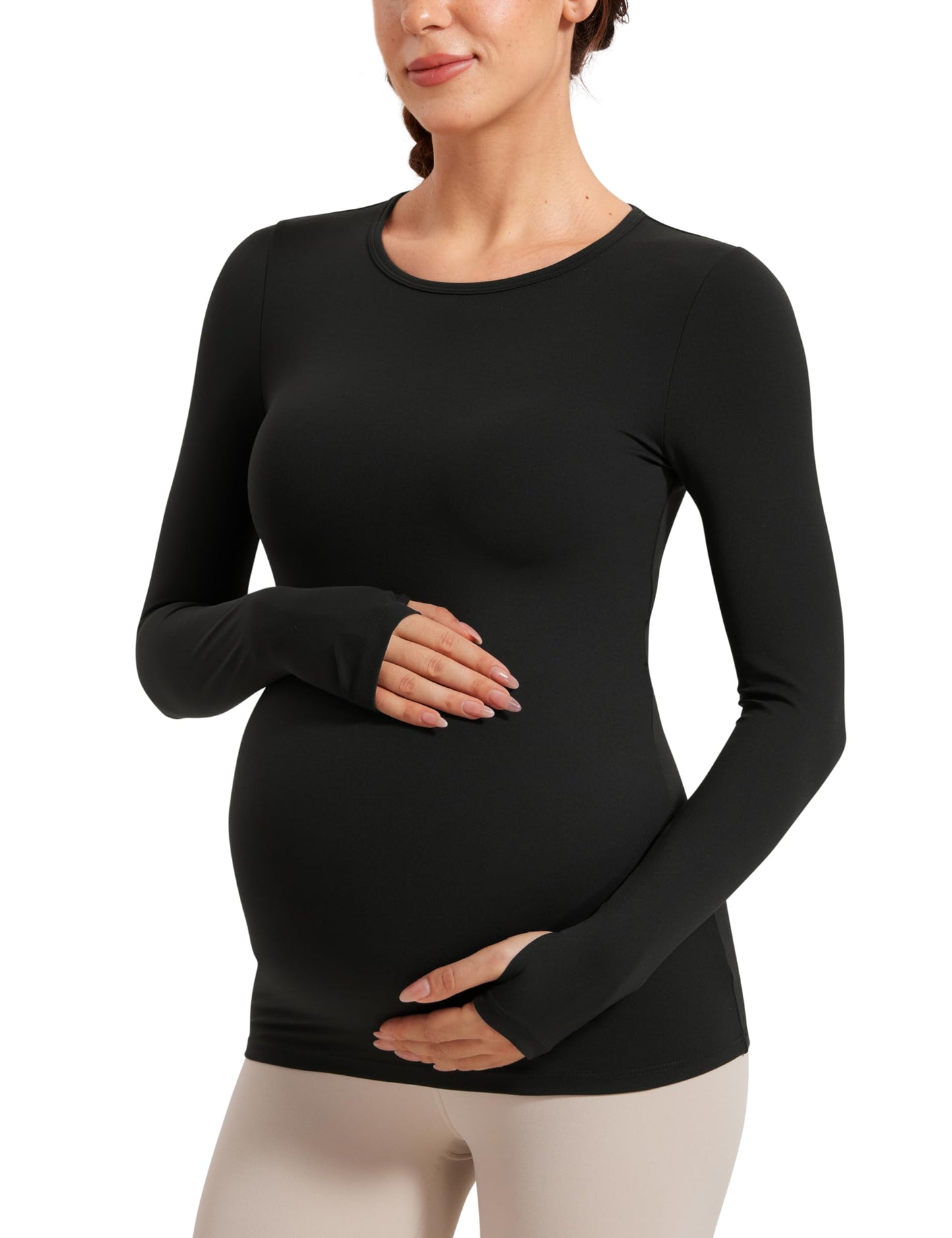 CRZ YOGA Women's Butterluxe Maternity Long Sleeve Top Pregnancy Clothes Crewneck Basic Shirts Soft Athletic Yoga Casual Tee Shirt Black 12