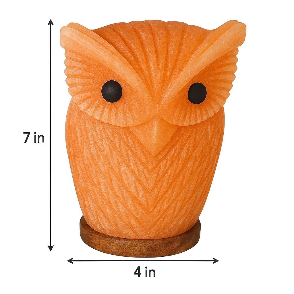 Himalayan Salt Lamp Owl Shape – 7 Inch High, 4.4 lbs, Hand-Crafted Natural Pink Rock Salt Lamp with Wooden Base & Dimmer Cable