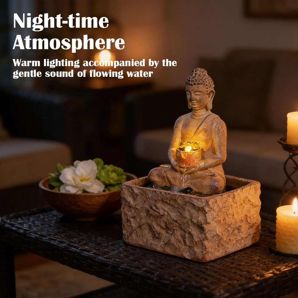 Indoor Tabletop Fountain, Zen Buddha Statue with LED Light Waterfall Fountain, ON/Off Switch with Pebbles, Modern Desktop Water Feature, Meditation Relaxation Decor for Home Office (Buddha Brown)