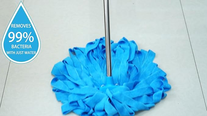 Screw On Microfiber String Mop, One Stainless Steel Pole + Two Blue Microfiber