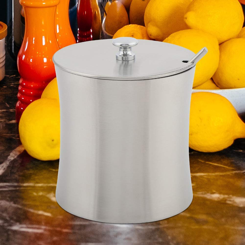 Agatige 13oz Sugar Bowl with Lid and Spoon, Stainless Steel Sugar Container Seasoning Jars Seasoning Condiment Spice Salt Pepper Pot Jar for Home and Kitchen, 3.1x3.1x 3.5in
