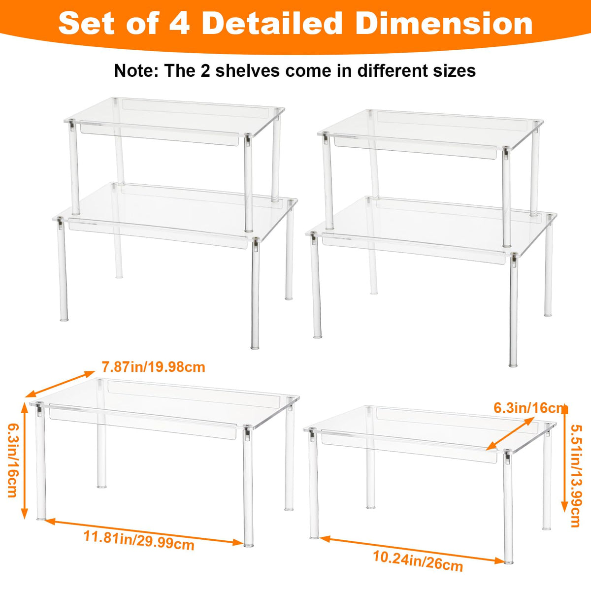 Afcabakila 4 Pcs Clear Acrylic Cabinet Organizer Shelves, Stackable Spice Rack & Shelf Riser for Kitchen Pantry, Countertop, Bathroom, Desk & Cupboard Storage, Versatile Display Organizer for Makeup