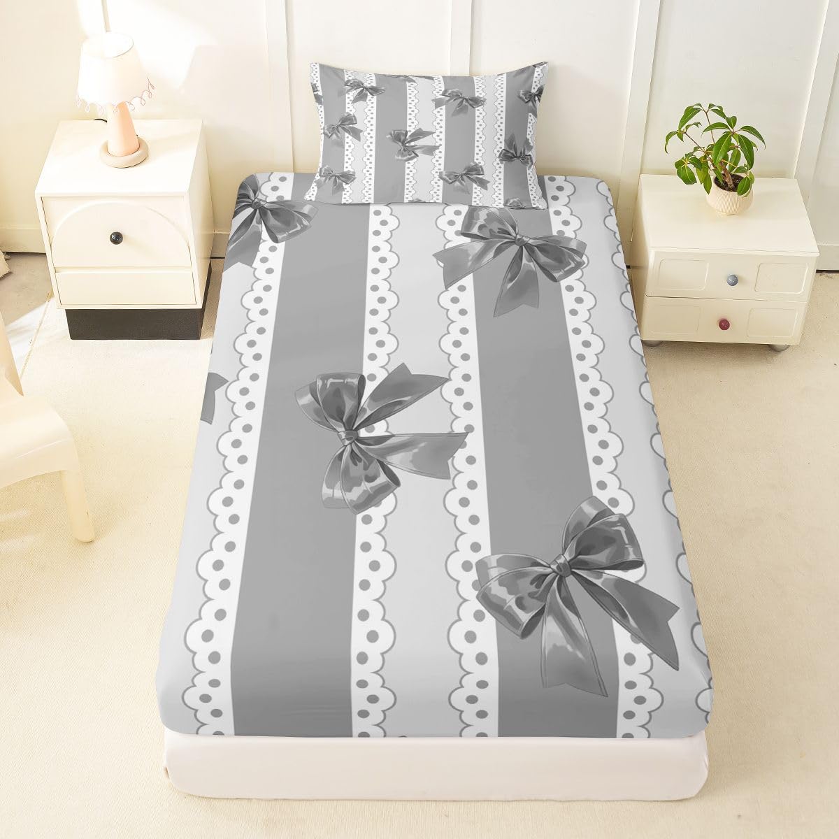 jejeloiu Black Bow Stripe Bowknot Fitted Sheet Twin Size for Kids Boys Girls Ribbon Cute Kawaii Bed Sheets Set 16" Deep Pocket Dreamy Princess Bowknot Bedding with 1 Pillowcase Room Decor