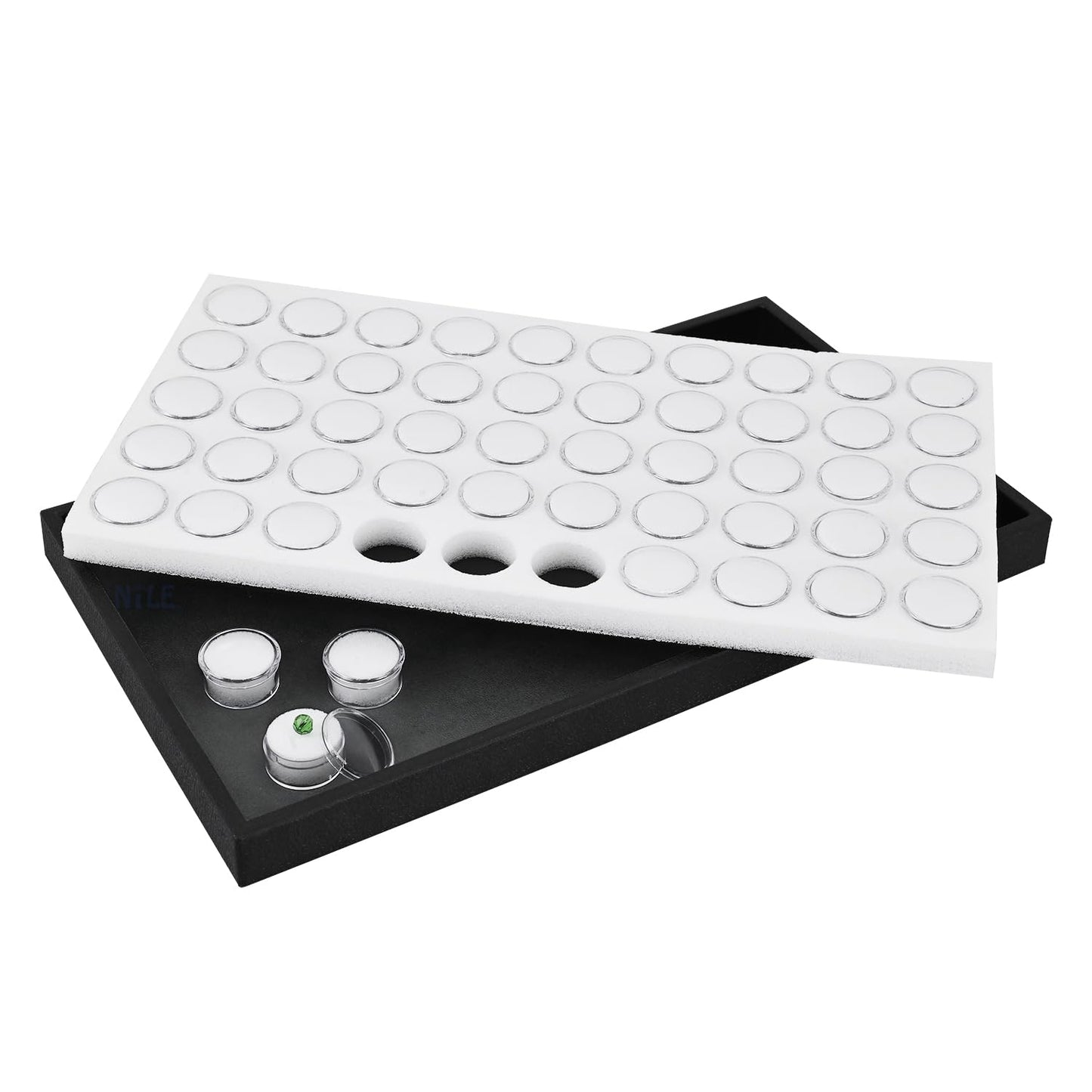 Ikee Design White Foam Gem Jars Showcase Stackable Display Tray for Collectibles, Home Organization Storage Box with 50 Gemstones and Bead Storage Jars, White Foam/Black Tray