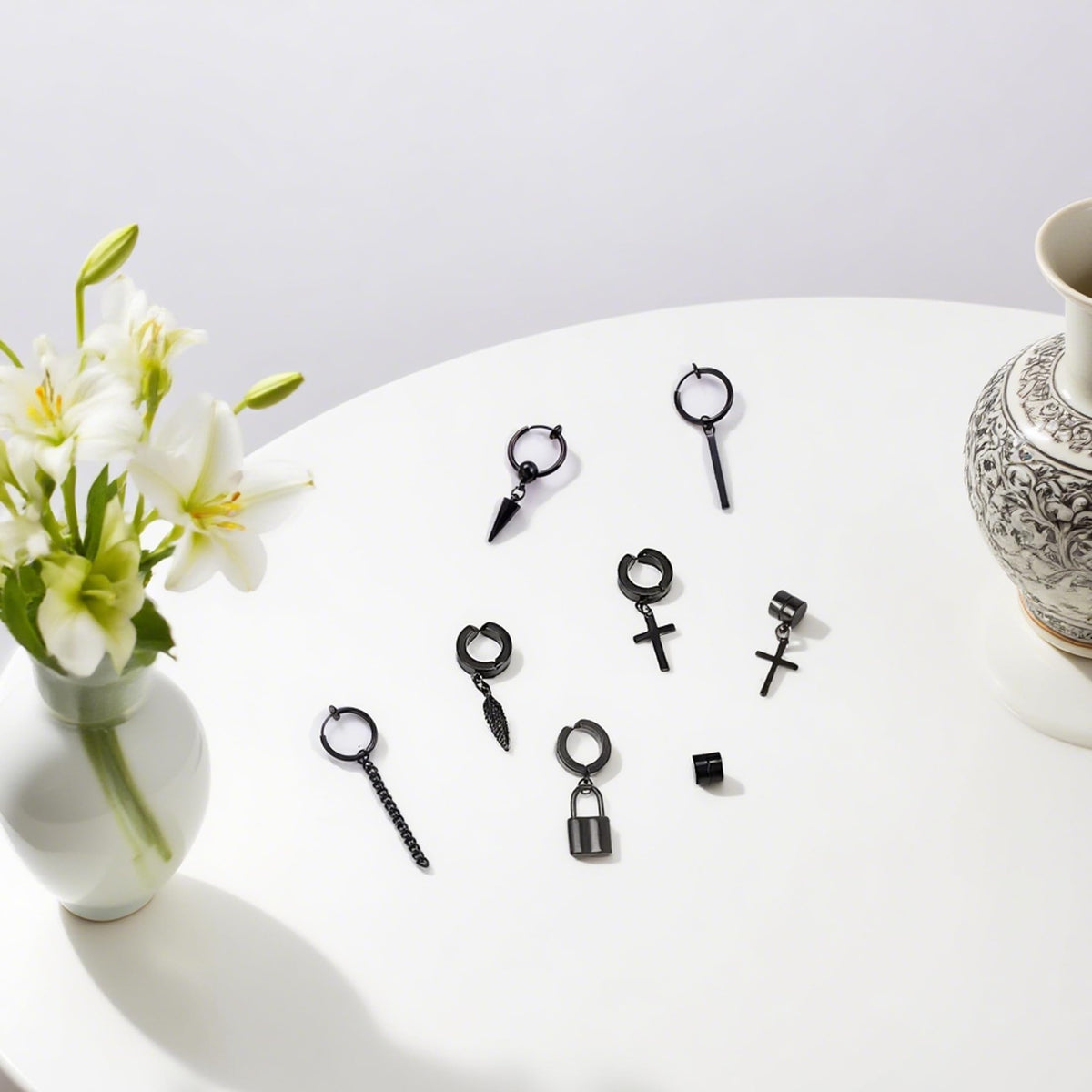 14 Pcs Black Goth Stainless Steel Non Pierced Fake Piercing Cross Feather Spike Awl Star of David Dangle Tassel Clip on Hoop Earrings Set Jewelry for Unisex