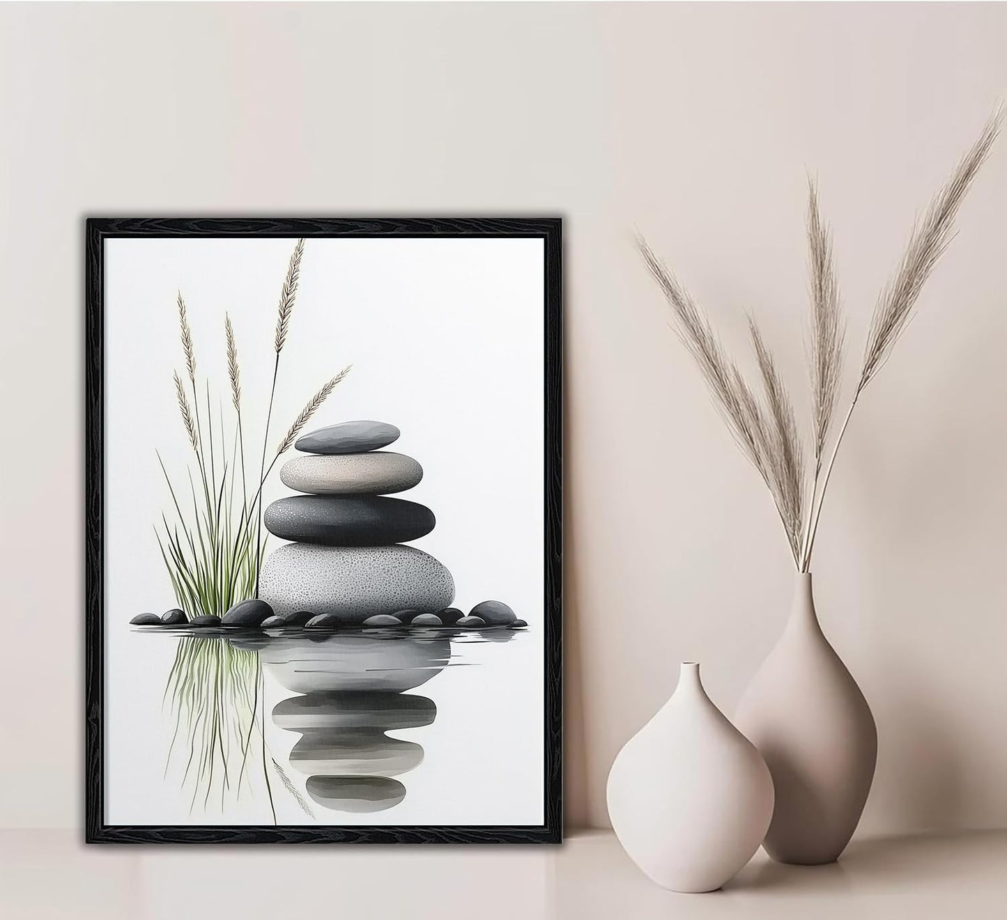Serene Zen Stacked Stones with Water Reflection Canvas Wall Art - Cozy Modern Minimalist Spa Decor for Bathroom Bedroom Living Room - HD Waterproof Premium Stretched Framed Ready to Hang 12x16 Inches