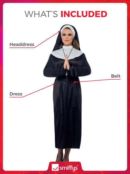 Smiffys Nun Costume, Black with Dress, Belt & Headdress, Saints and Sinners Fancy Dress, Nun Dress Up Costumes