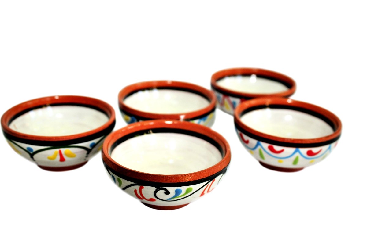 Cactus Canyon Ceramics VERY SMALL Spanish Terracotta 5-Piece VERY SMALL Mini-Bowl (Pinch Bowls) Set, White