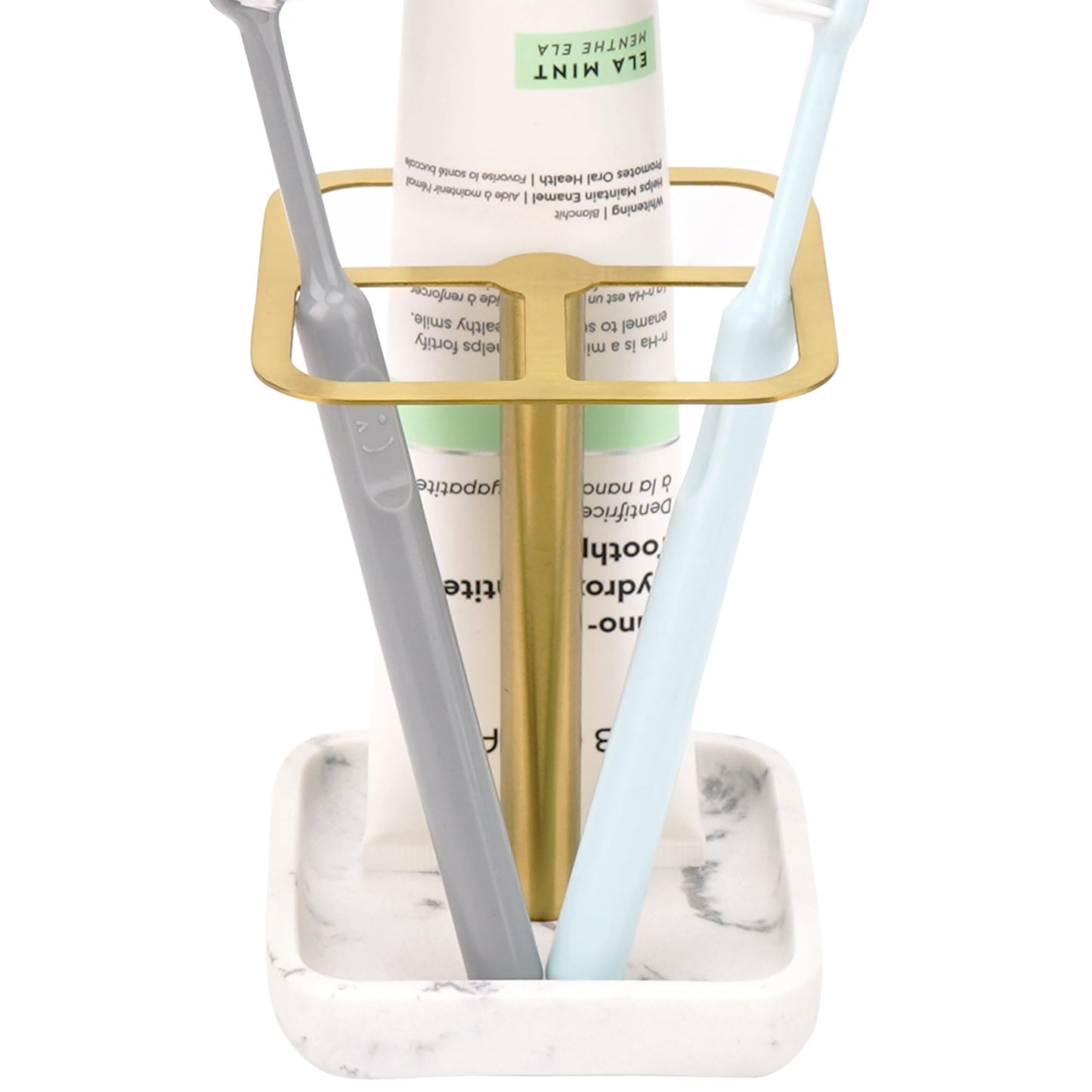 DODAMOUR Stainless Steel Toothbrush Holder with Marble-Style Weighted Base, 3-Section Organizer for Electric Toothbrushes & Toothpaste, Bathroom Countertop Stand (Gold)
