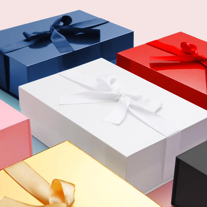 HAPPY POTATO 5 Large Gift Boxes withLid and Ribbon 11.5x8.1x3.8 Inches, Groomsmen Proposal Boxes, Magnetic Blue Gift Boxes for Presents (Glossy Blue, Pack of 5)
