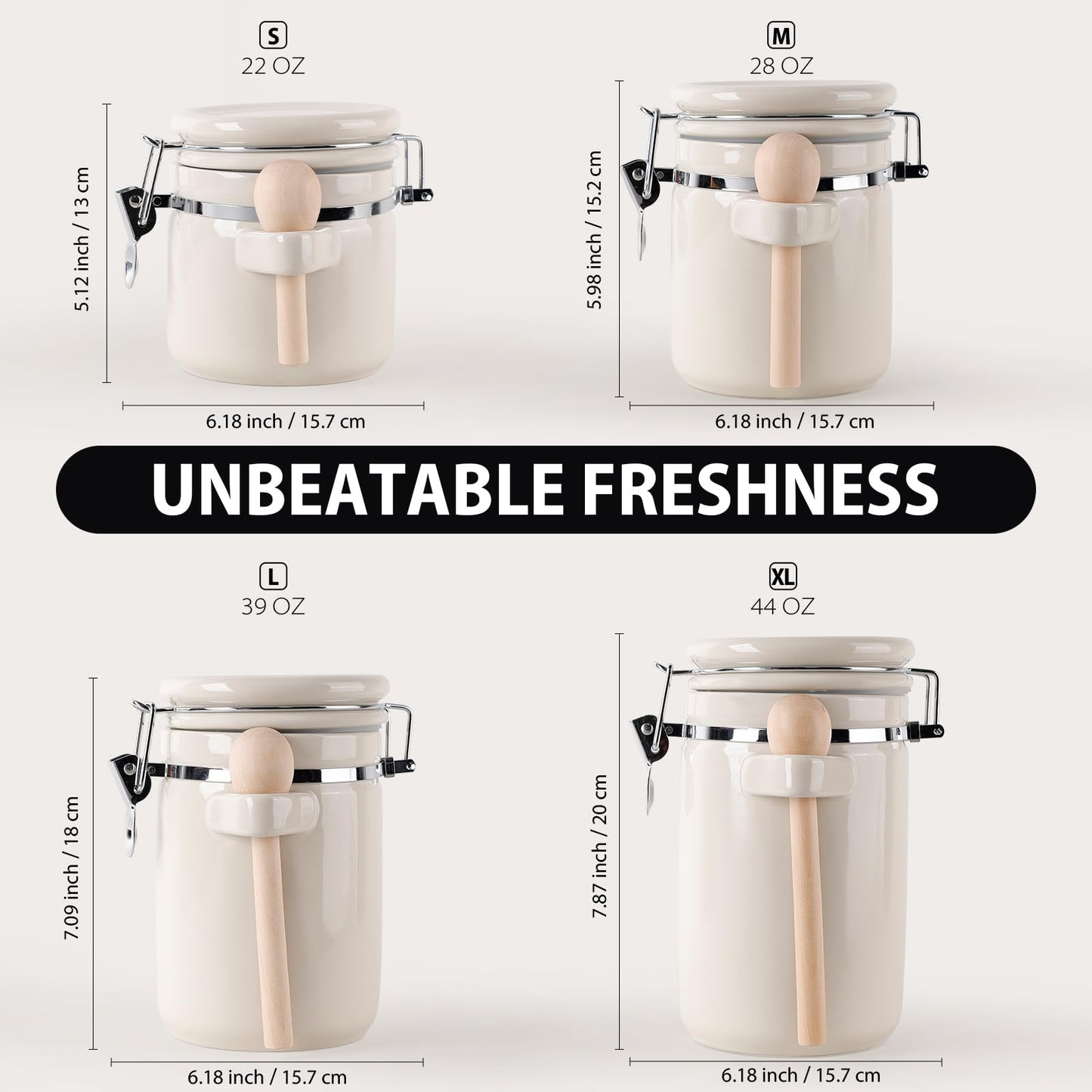 ZEBERBO 4 Piece Airtight Ceramic Canister Set With Attached Wooden Spoon Reusable Chalk Labels For Dry Goods Sugar Coffee Tea Kitchen Storage Use (Cream)