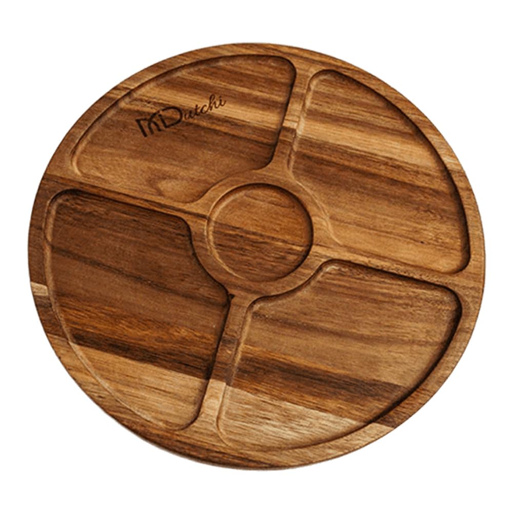 Mi Dutchi Wooden Divided Serving Tray 12″ – Acacia Chip and Dip Platter with Lid, 5-Compartment Round Snack Board for Charcuterie, Nuts, Candy, Tacos, Veggies, Appetizers