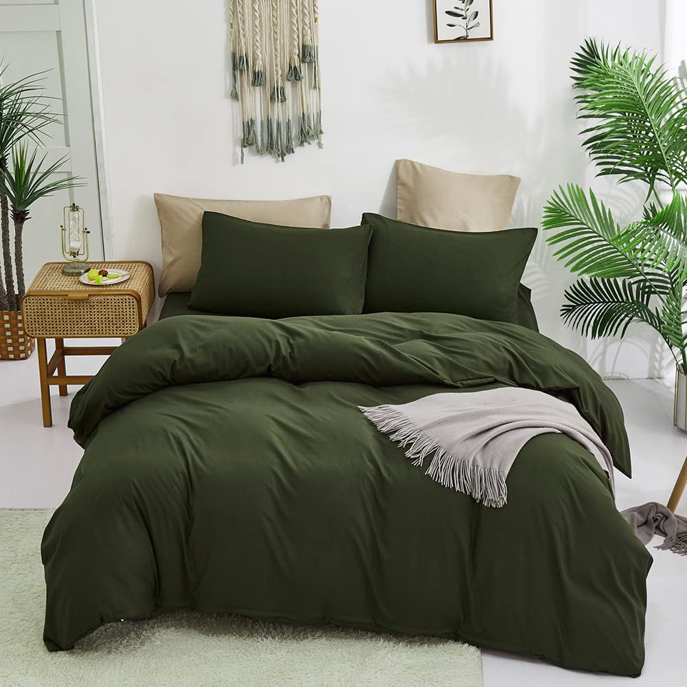 CLOTHKNOW Army Green Duvet Cover Set Queen Olive Bedding Sets Full Soft Dark Green Bedding Queen Hunter Green Bedding Duvet Cover Sets