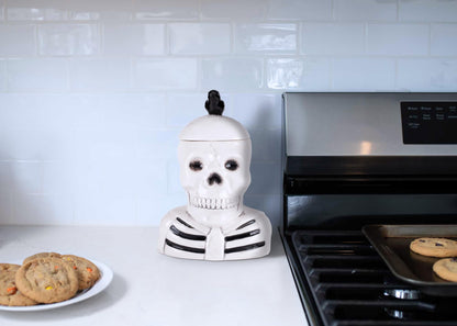 100 North Dolomite Ceramic 12 x 8.5 Halloween Cookie & Candy Jar with Airtight Lid: Perfect for Kitchen Canisters, Pet Treat Containers & Fall Decorative Candy Dish, Skeleton with a Crow