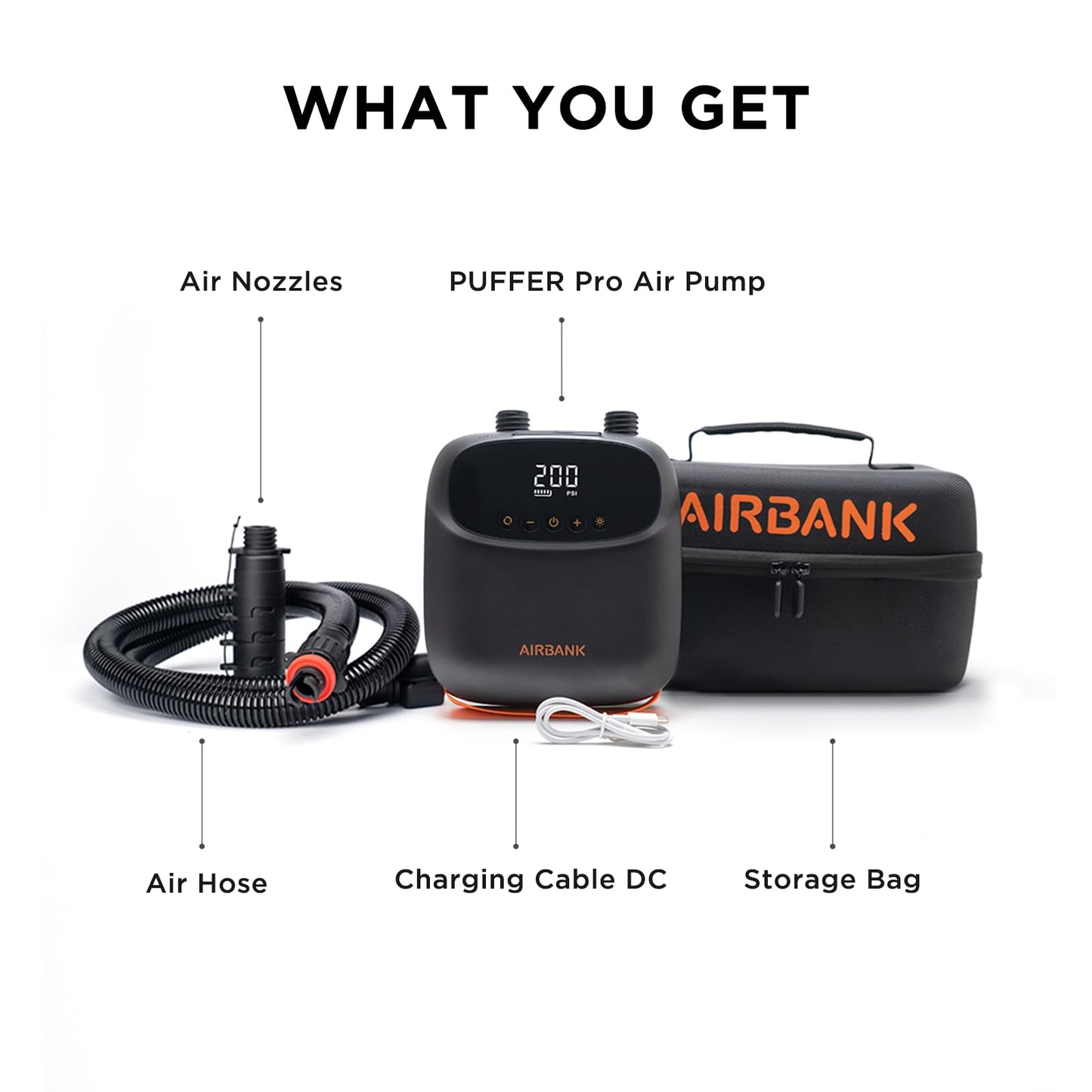 AIRBANK Paddle Board Pump Electric 20PSI The Puffer Pro, Portable SUP Pump, Dual-Stage Inflation & Auto-Off Air Pump for Stand up Paddle Boards, Kayak, Inflatables, Boats, Tent, Mattress, Kite Wings