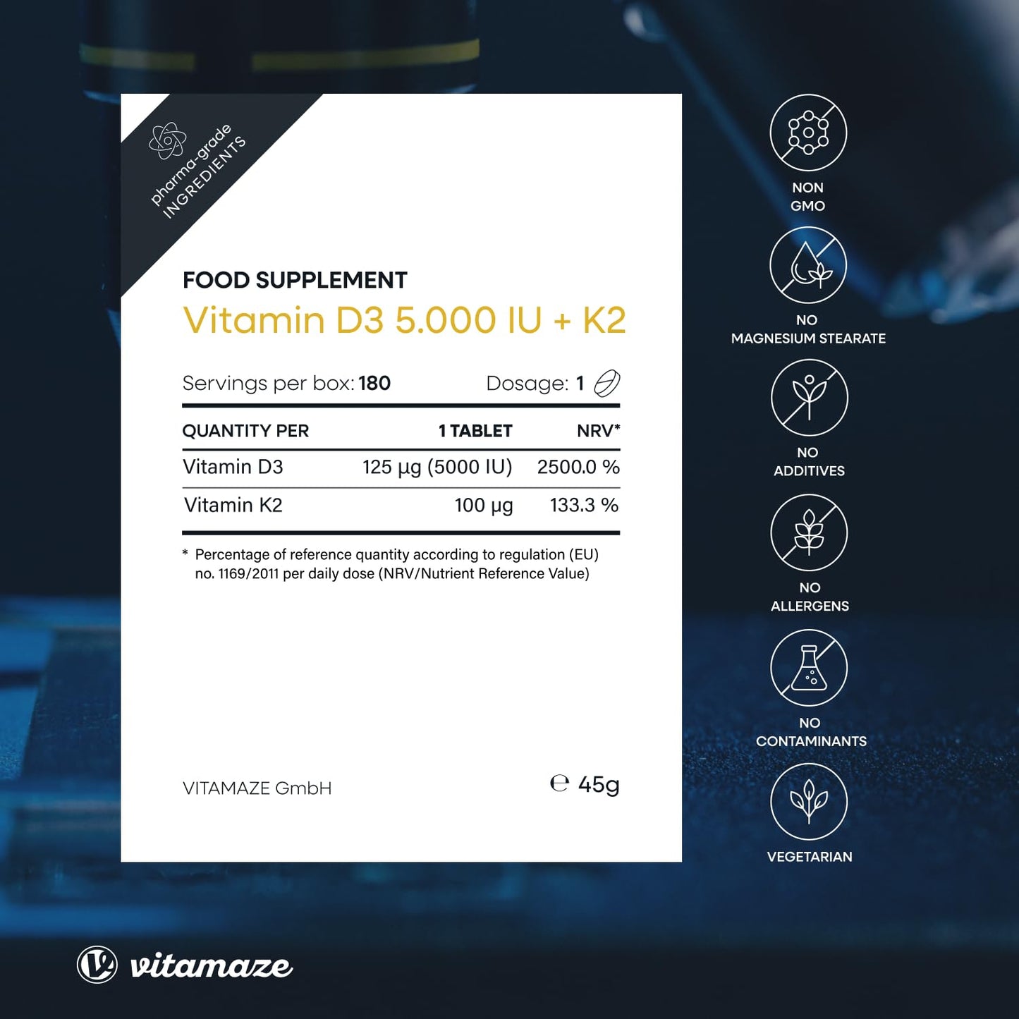 Vitamin D3 K2 5.000 IU & 100ug (MK7) 180 High Strength Vitamin D3 K2 Tablets for 6 Months Supply of Vitamin D3 and K2 for Bone, Teeth, Muscle Function & Immune System. German Quality. Vitamaze®