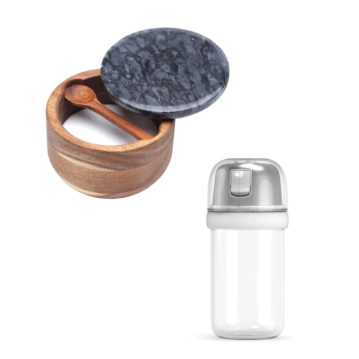 KITCHENDAO Large Acacia Salt Cellar Box and 2 in 1 Glass Salt Shaker with Side Pour Spout