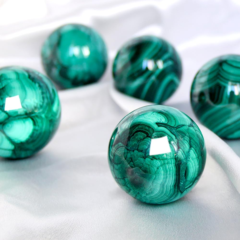 KINO Natural Malachite Sphere with Wood Stand Crystal Healing Mineral Gemstone Ball Divination Sphere Sculpture Figurine