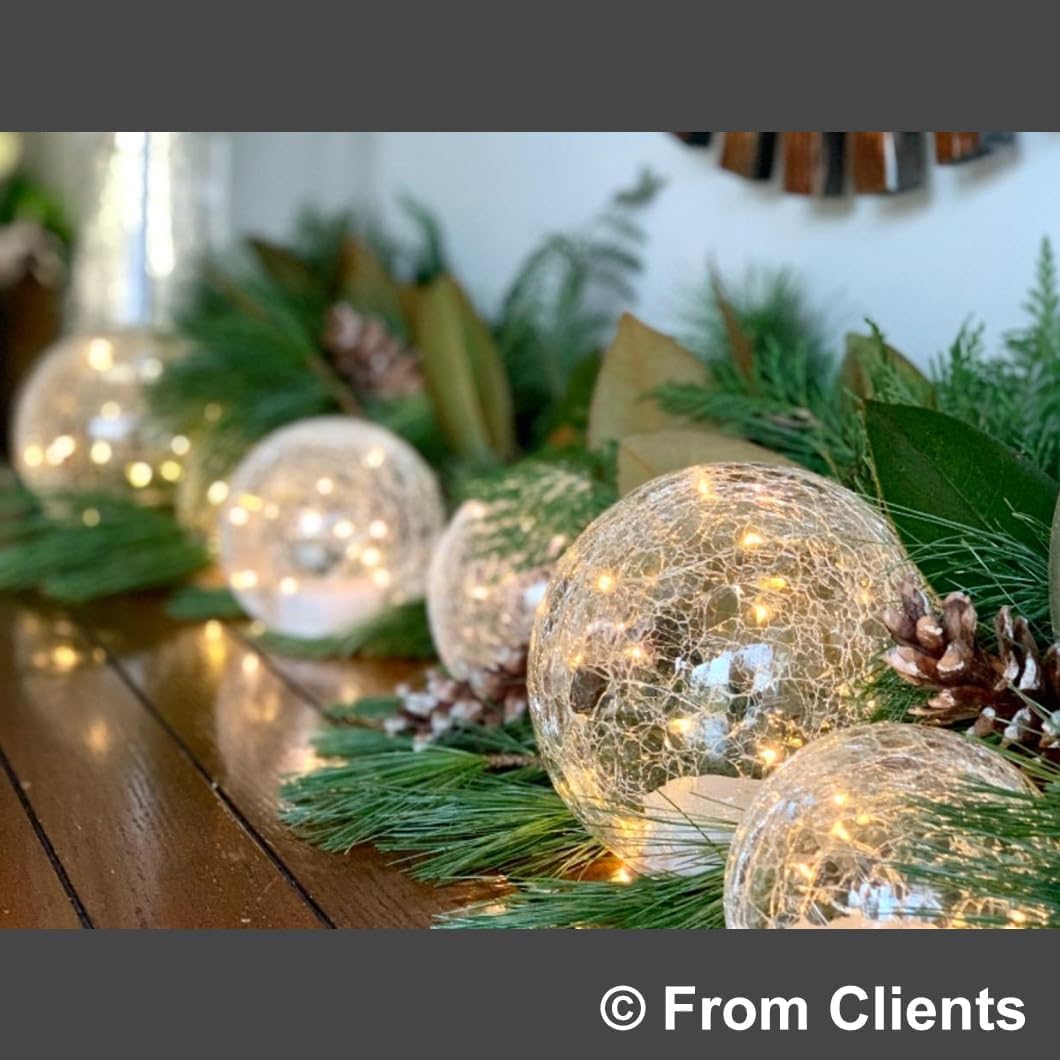 Crackle Globe LED Lamp Battery Operated with Timer, Lighted Glass Orb for Living Room & Festival Christmas Decoration, Indoor Glowing Night Light Sphere Table Lamp for Mother's Gift, Glass Ball Light