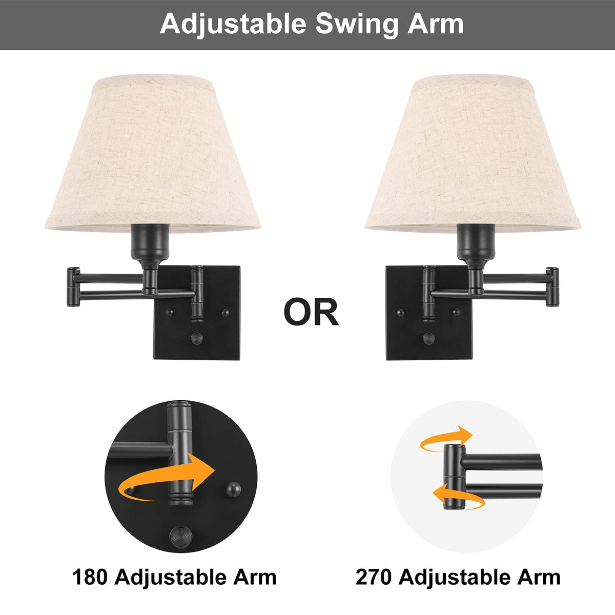 TRLIFE Wall Sconce Plug in, Dimmable Wall Sconces Set of Two Swing Arm Wall Lights with Plug in Cord and On/Off Dimmer Rotary Switch, 9.4" Medium Beige Fabric Shade(2 Pack, 2 Bulbs)