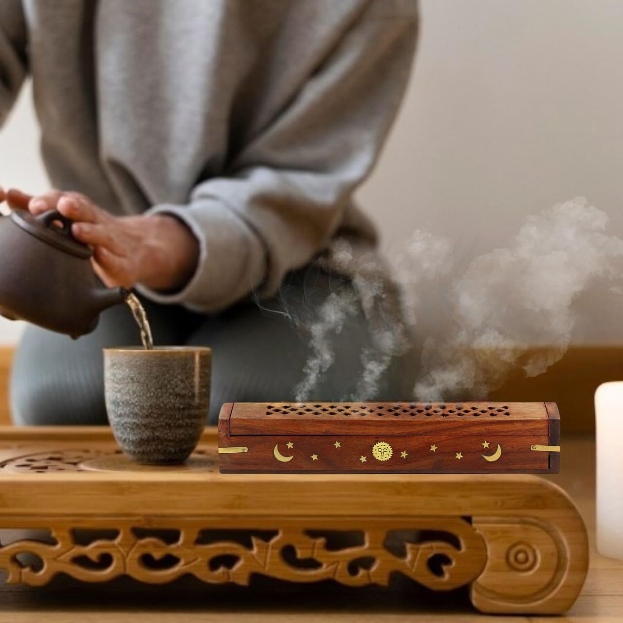 Vrinda® 2 Pack Handcrafted Wooden Incense Stick Holder with Sun and Moon Inlay - Ash Catcher for Meditation - Home Decor & Accessories, 12x2x1.5 inches