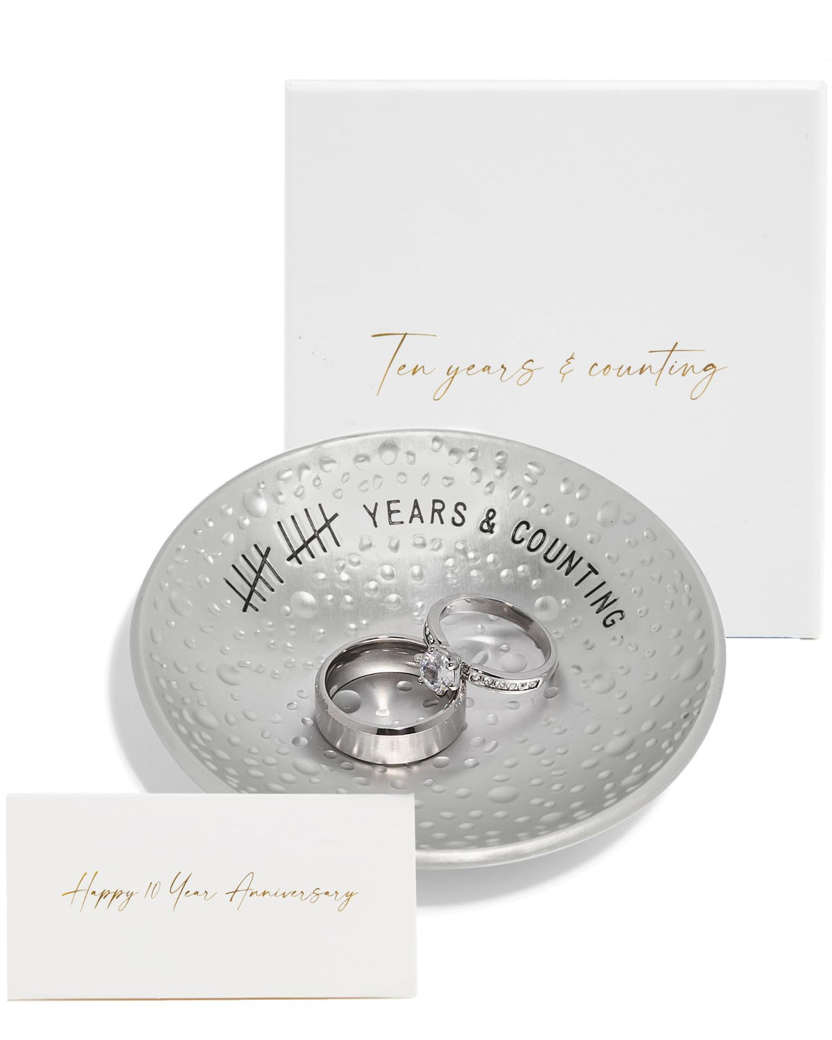 PureRejuva 10th Anniversary Tin Gifts – 4 In., Engraved, Aluminum Wedding Ring Holder Dish & Gift Box – 10 Year Wedding Gift for Him & 10 Year Anniversary for Her Textured Style