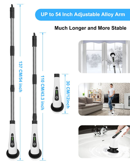 Leebein Electric Spin Scrubber, Cordless Cleaning Brush with 8 Replaceable Brush Heads, Extendable Long Handle Bathroom Cleaning Scrubber, 300/400RPM Spin Scrubber for Bathroom Kitchen Floor Tile